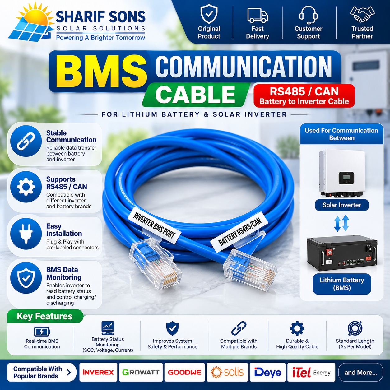 BMS Communication Cable ā RS485/CAN Battery to Inverter Cable
