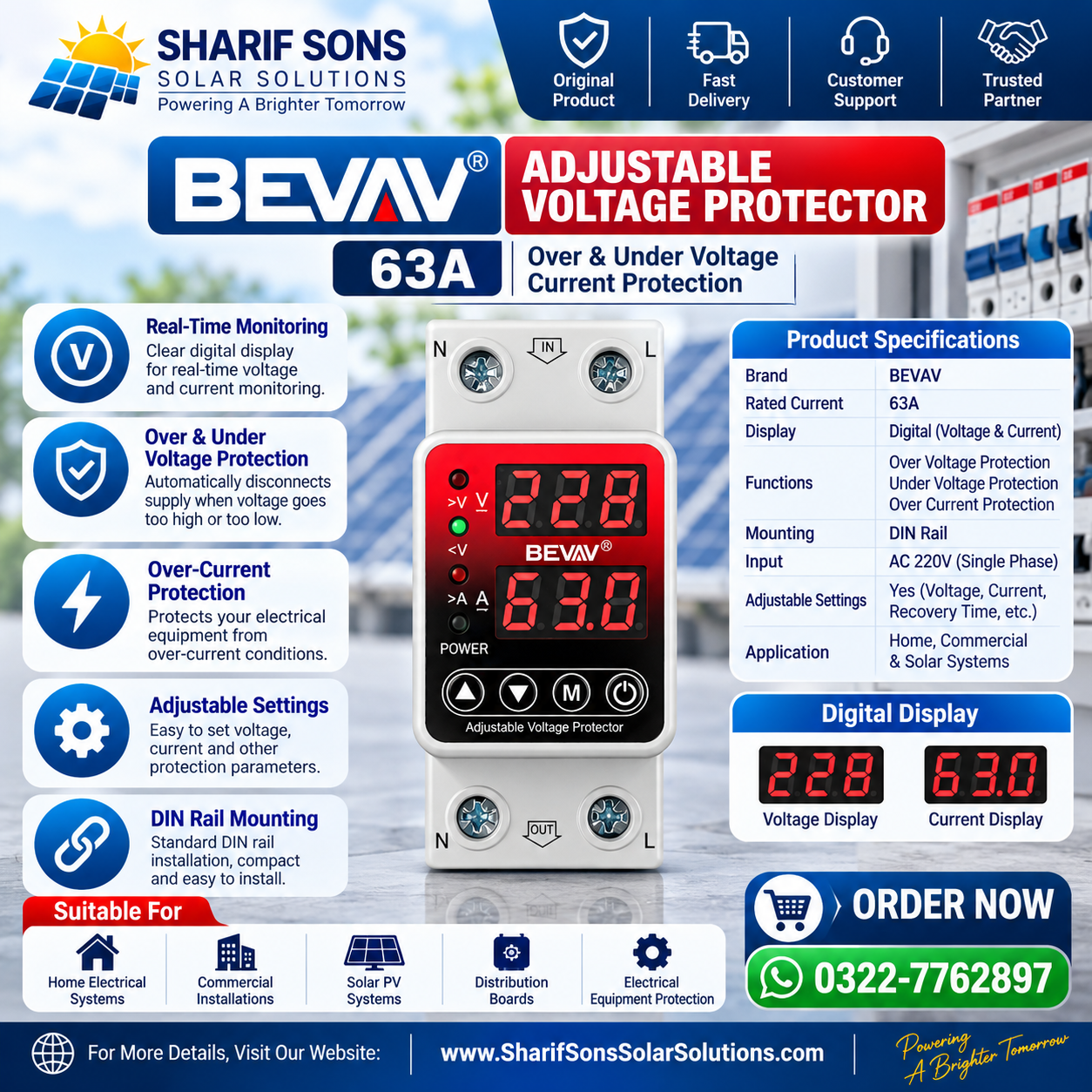 BEVAV 63A Adjustable Voltage Protector β Digital Over & Under Voltage & Over Current Protection