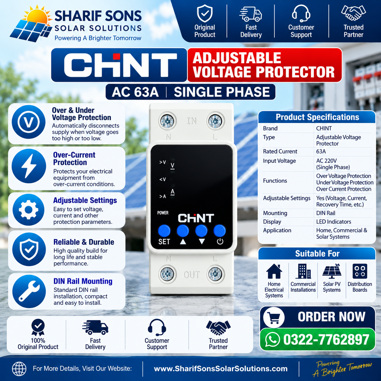 CHINT 63A Adjustable Voltage Protector β Over & Under Voltage & Over Current Protection | AC 220V Single Phase