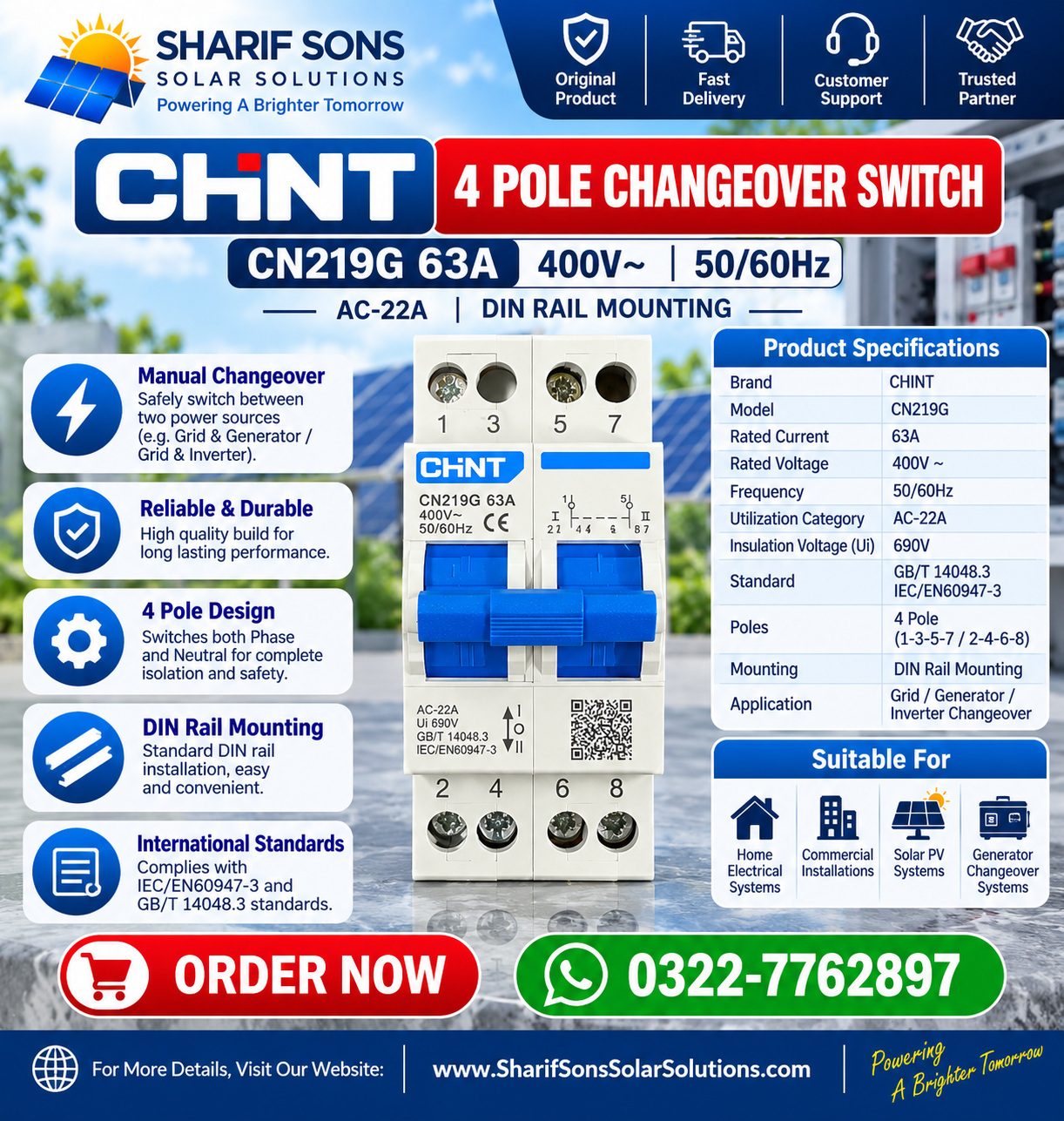 CHINT CN219G 63A 4 Pole Changeover Switch β 400V AC Manual Transfer Switch