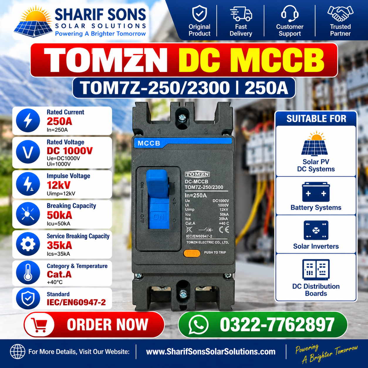 TOMZN DC MCCB TOM7Z-250/2300 β 250A 1000V DC Molded Case Circuit Breaker for Solar Systems