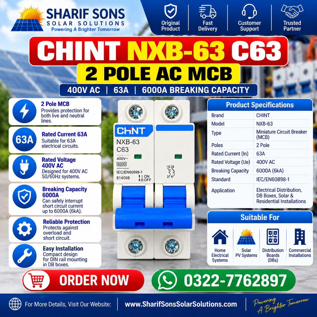 CHINT NXB-63 C63 2 Pole AC MCB β 63A, 400V AC Miniature Circuit Breaker | 6kA