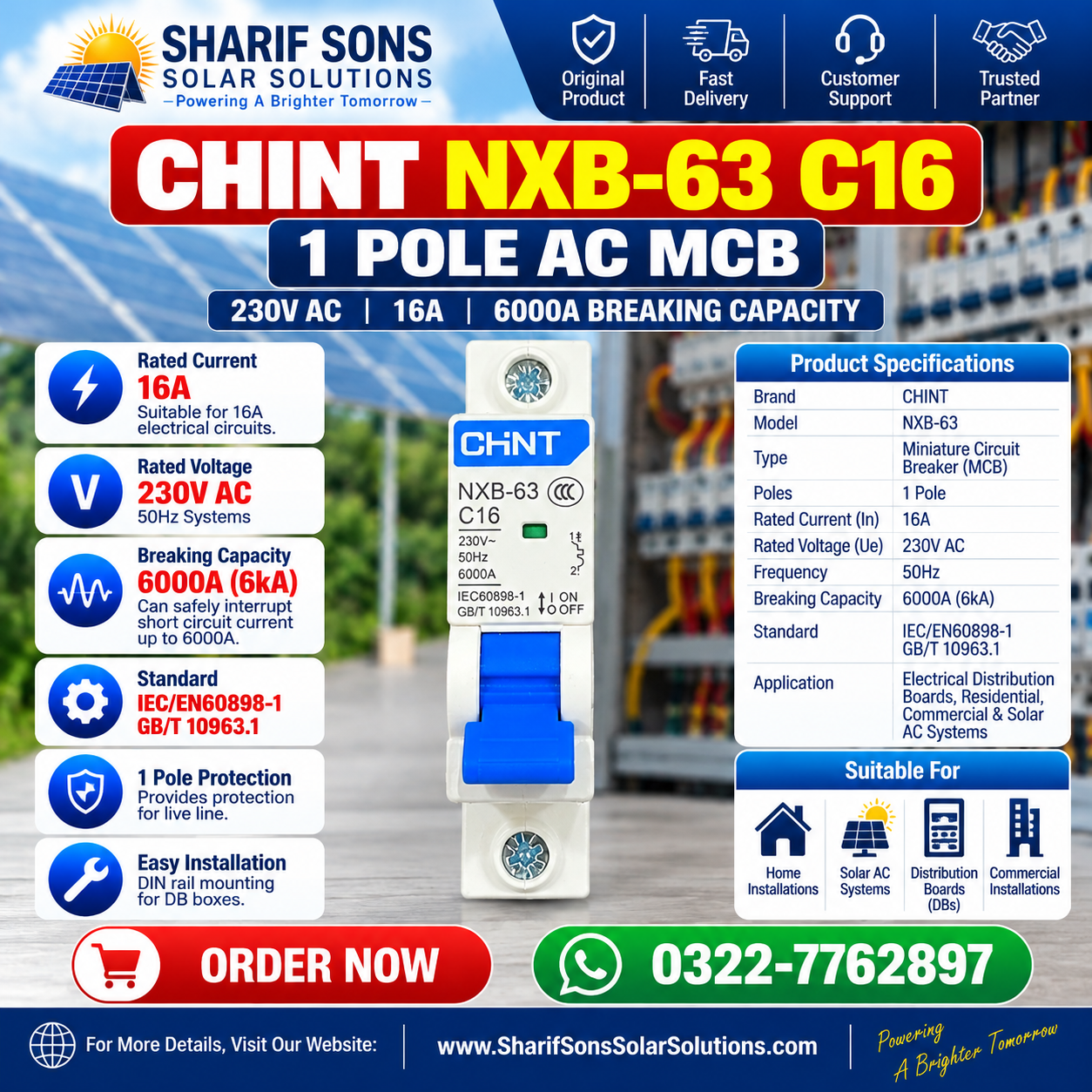 CHINT NXB-63 C16 1 Pole AC MCB β 16A, 230V AC Miniature Circuit Breaker | 6kA