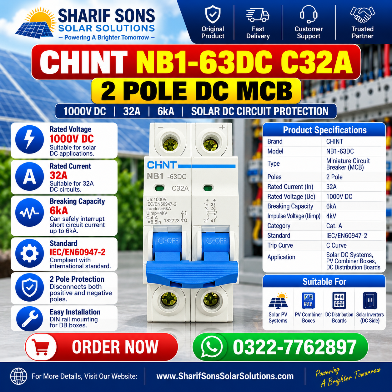 CHINT NB1-63DC C32A 2 Pole DC MCB β 32A, 1000V DC Circuit Breaker | 6kA