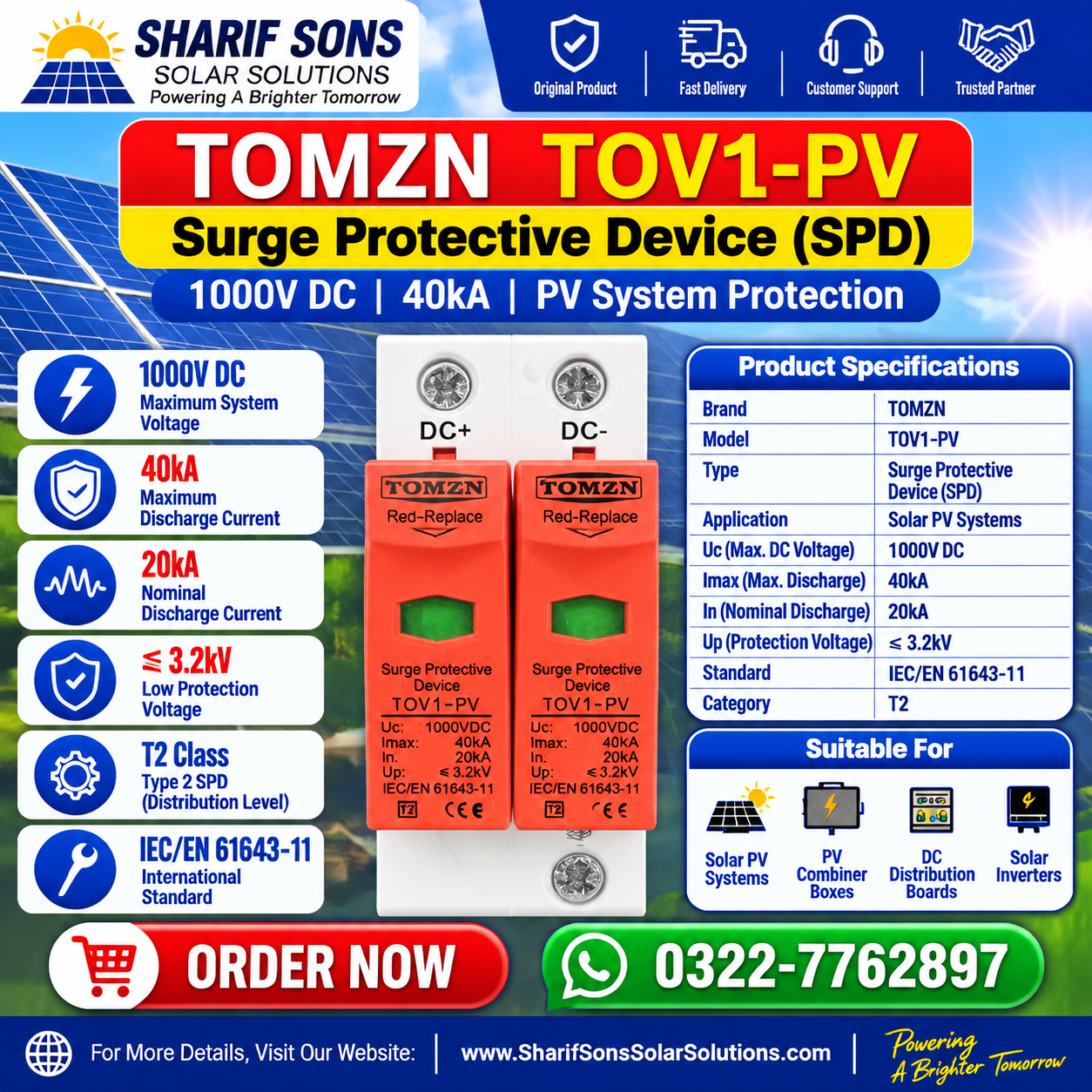 TOMZN TOV1-PV 1000V DC Type 2 SPD – 2 Pole Solar PV Surge Protection Device | 40kA 2