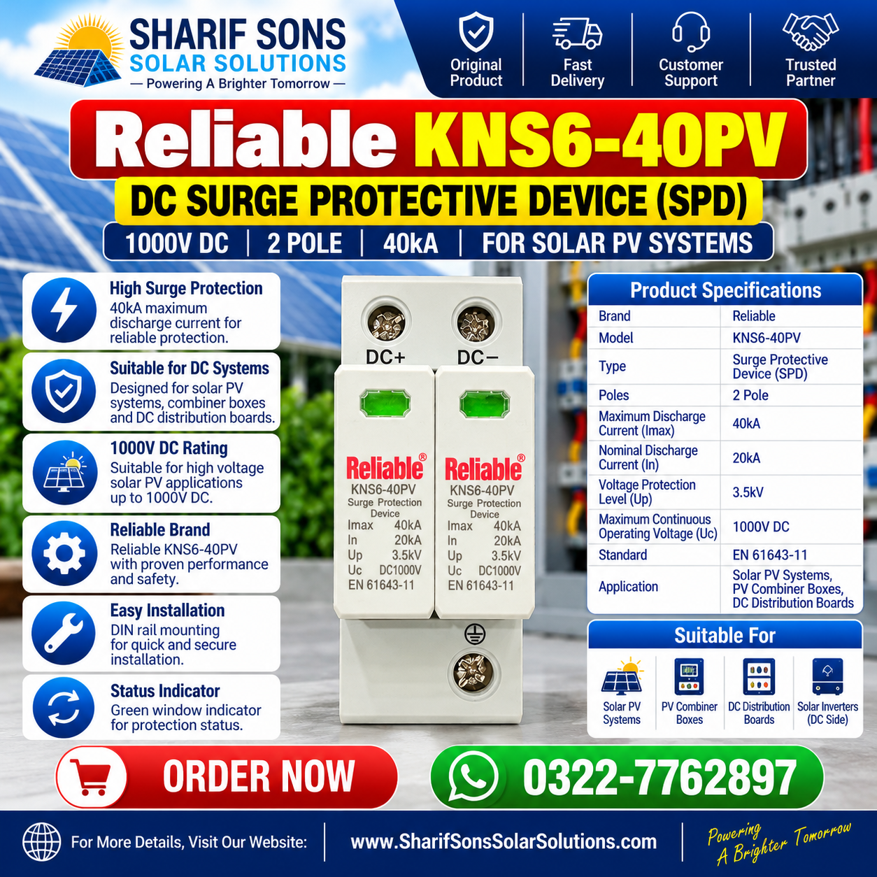 Reliable KNS6-40PV 1000V DC Type 2 SPD β 2 Pole Solar Surge Protection Device | 40kA