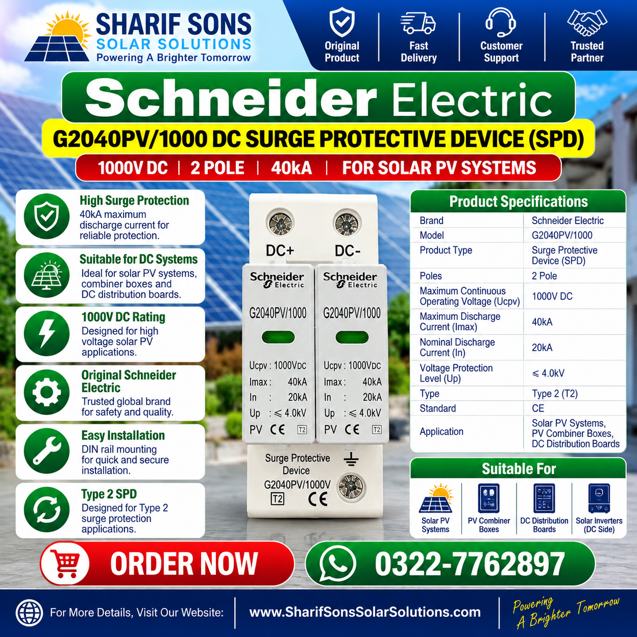 Schneider Electric G2040PV/1000 1000V DC Type 2 SPD β 2 Pole Solar Surge Protection Device | 40kA